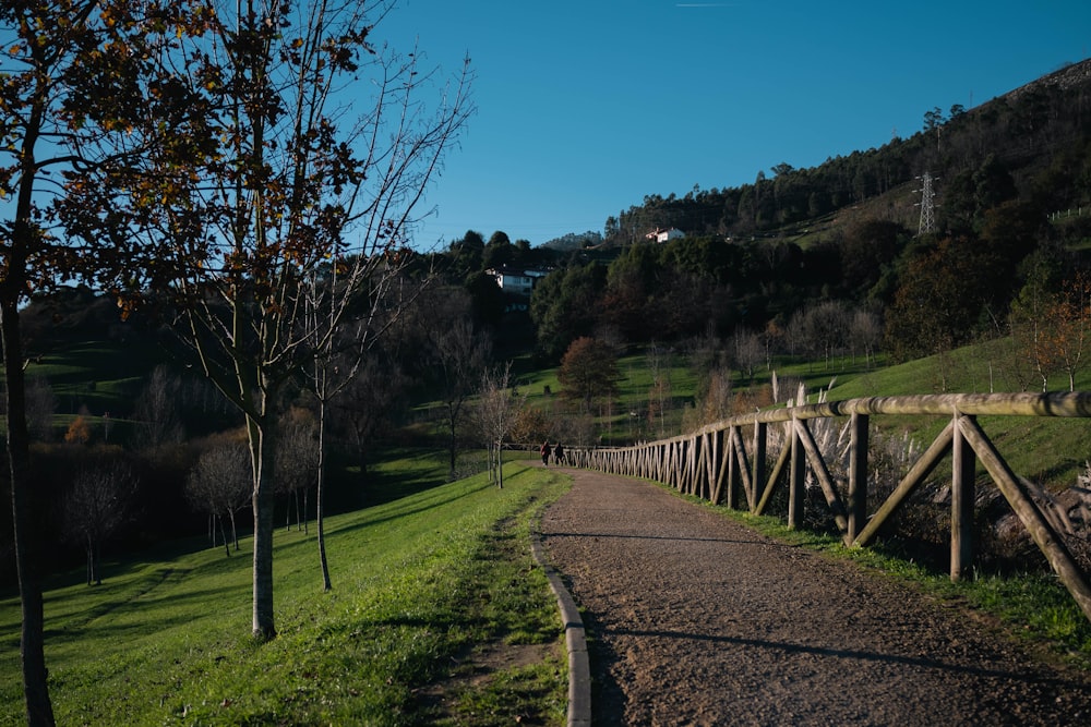 a wooden bridge over a dirt road in a green field