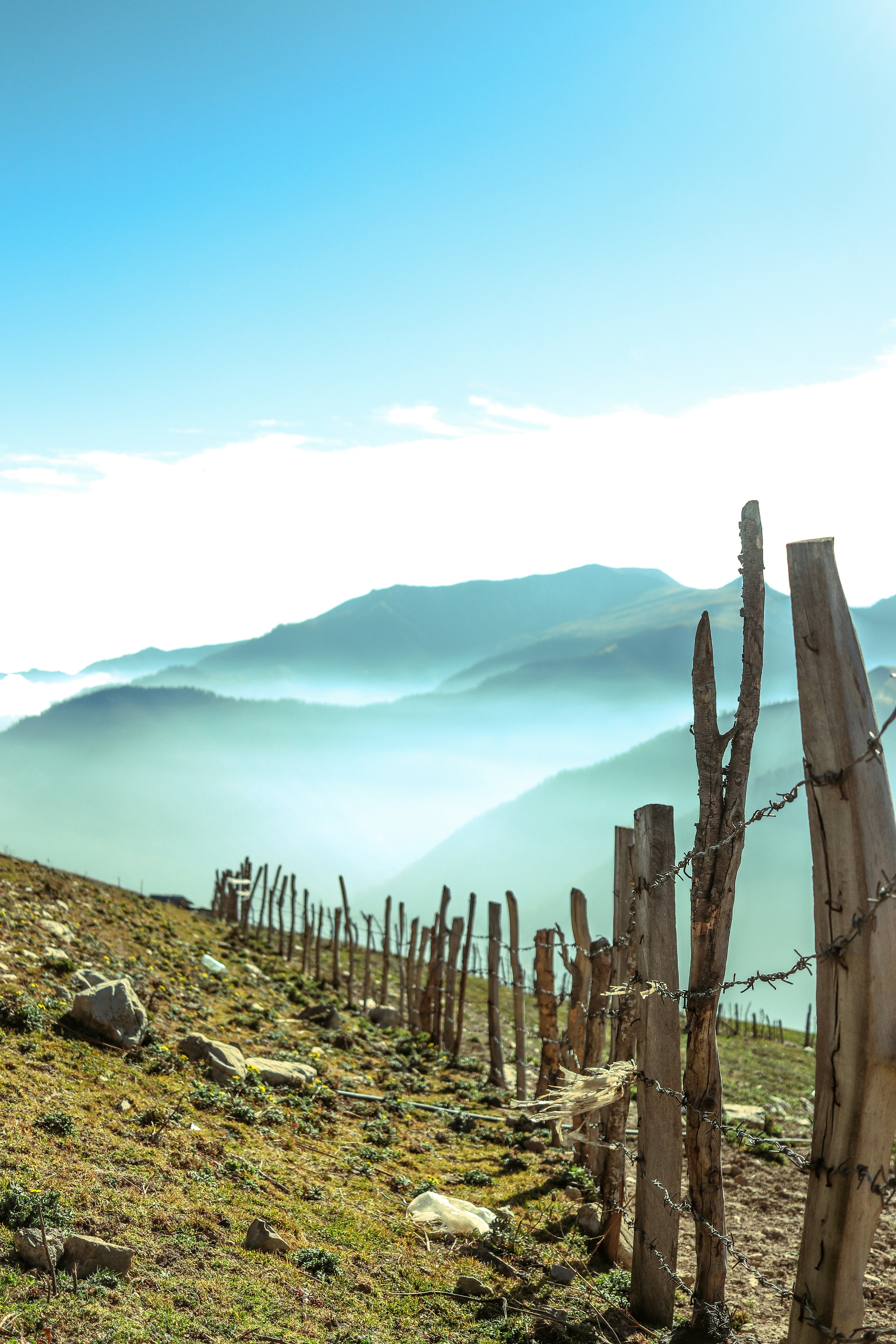 a wooden fence sitting on top of a lush green hillside