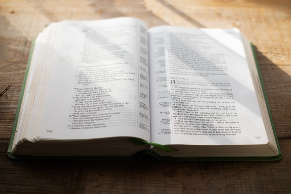 um livro aberto sentado em cima de uma mesa de madeira