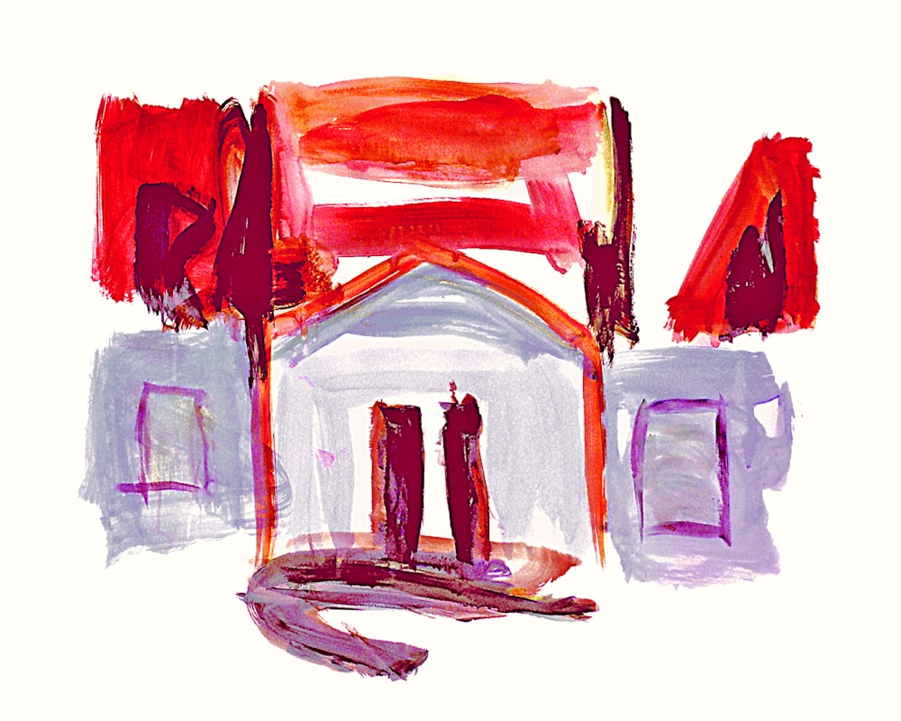 a drawing of a house with a red roof