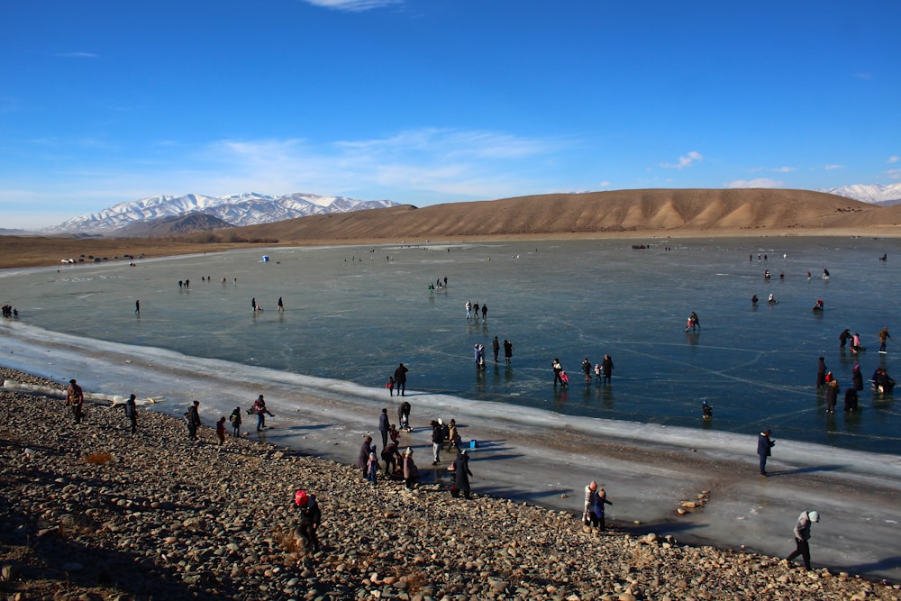Un grupo de personas de pie en una playa junto a un cuerpo de agua