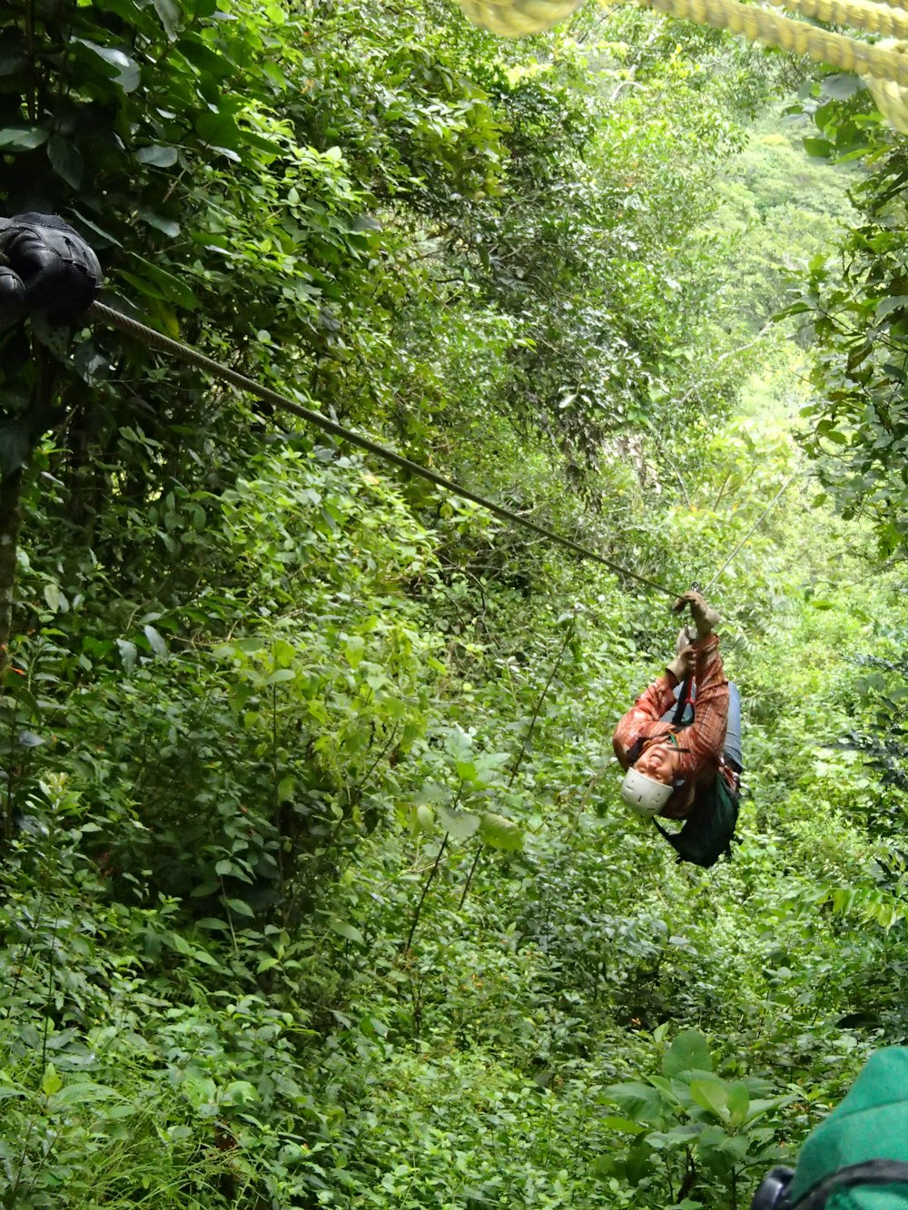 a man riding a zip line through a lush green forest