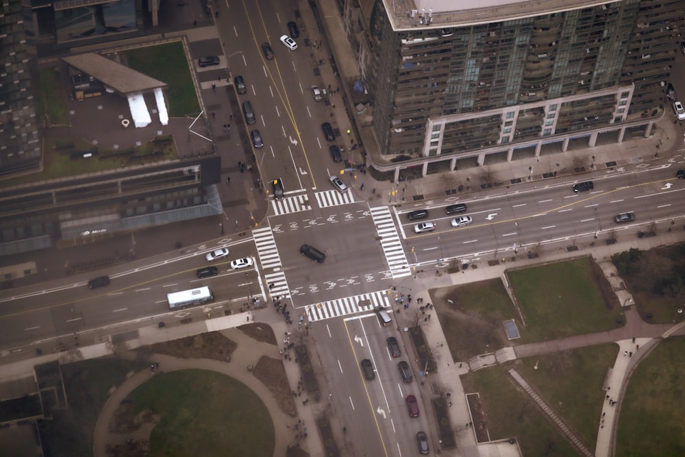 an aerial view of a crosswalk in a city