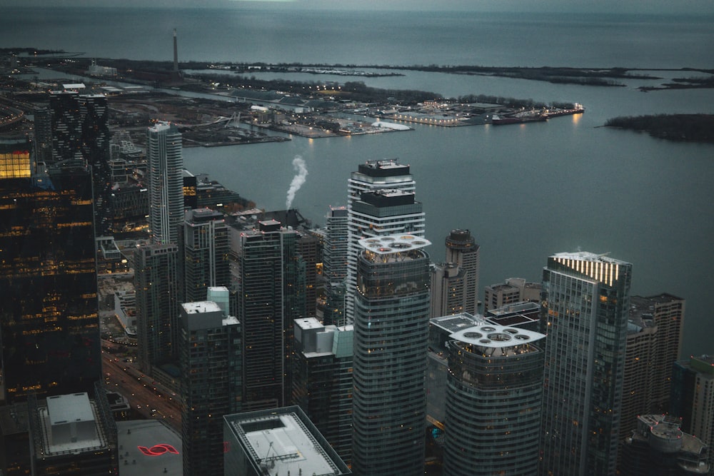 an aerial view of a city at night