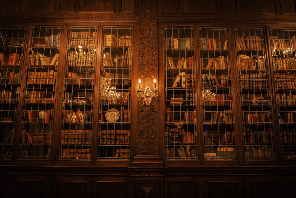a room filled with lots of books and a chandelier