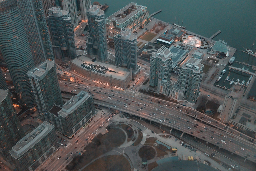 an aerial view of a city at night