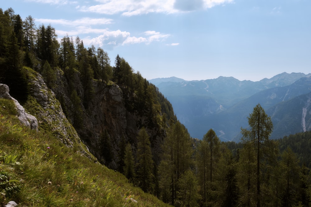 a view of a mountain range with trees and mountains in the background