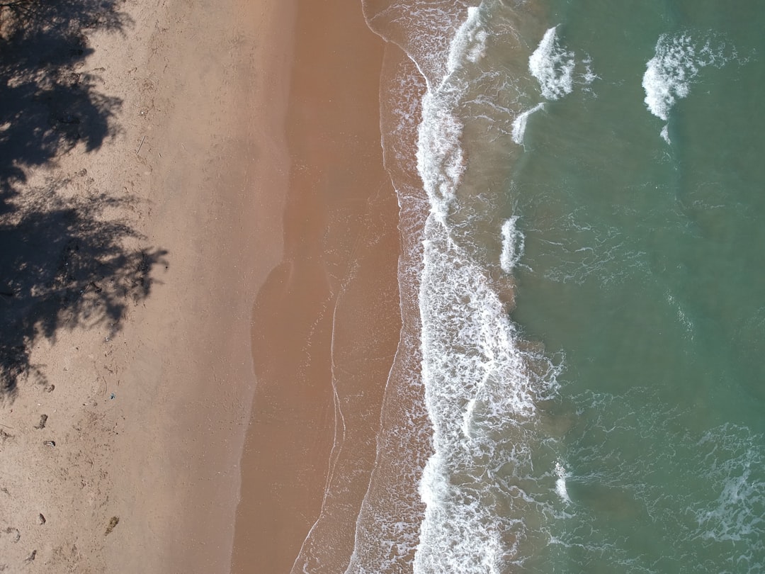 an aerial view of a sandy beach and ocean, Beach from above