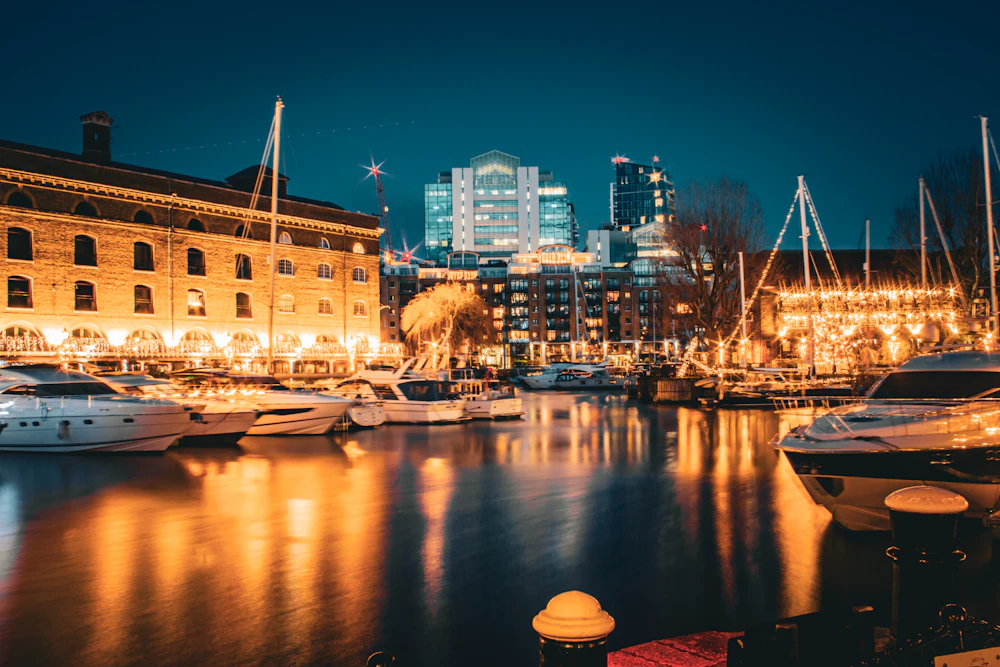 Harbor full of boats lit up at night
