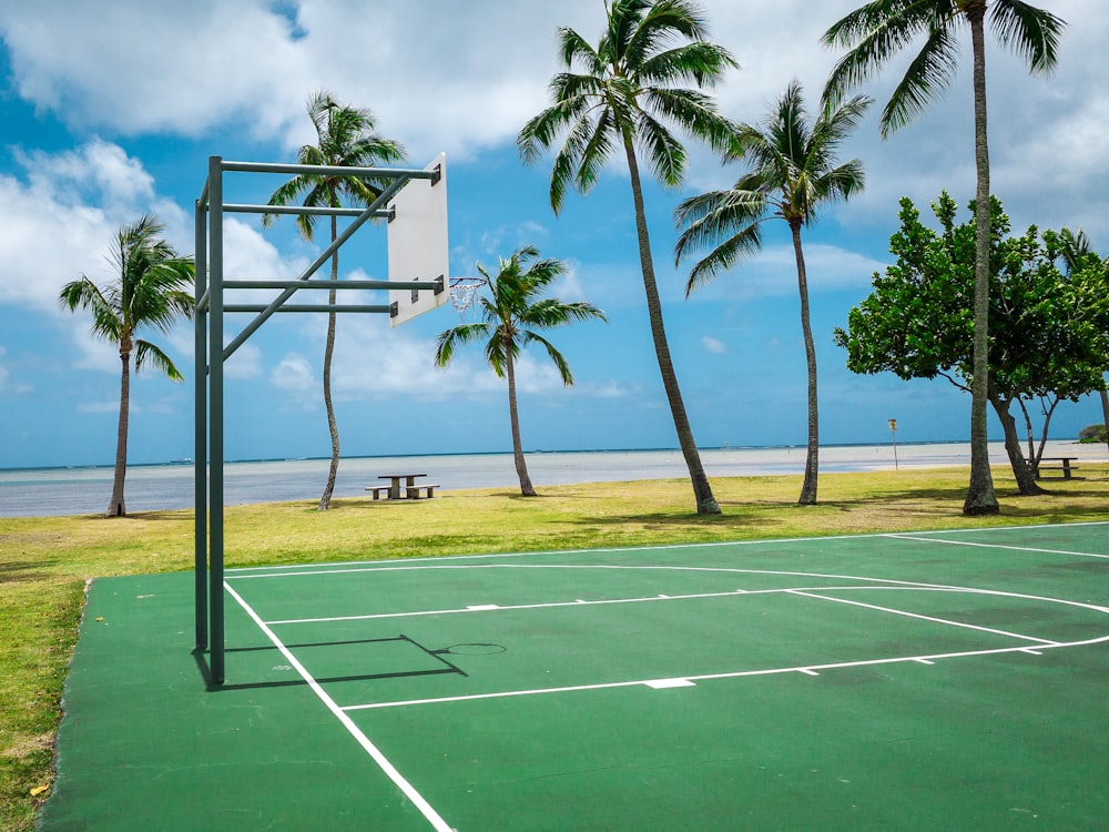 a basketball court with palm trees and a bench in the background