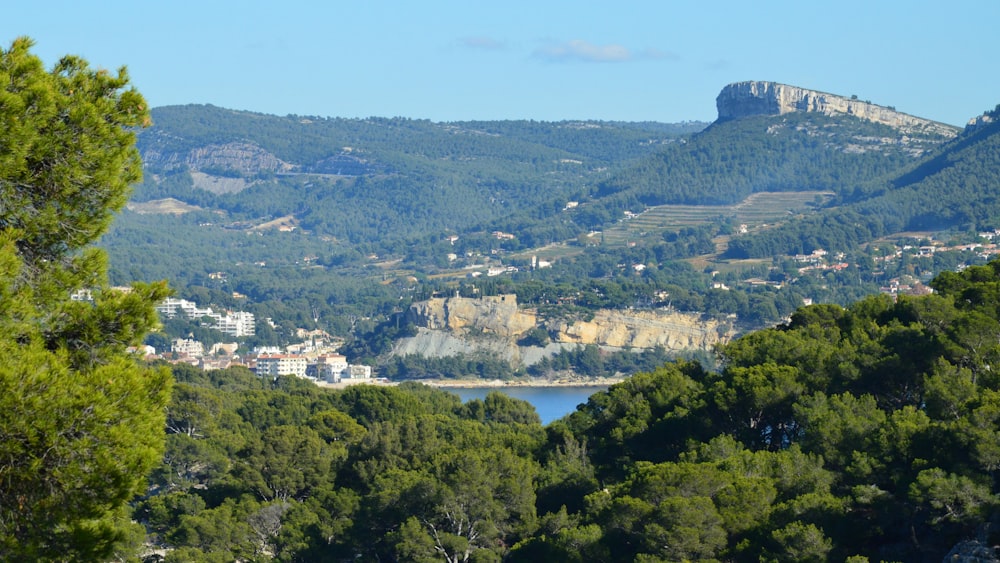 a scenic view of a town and a lake