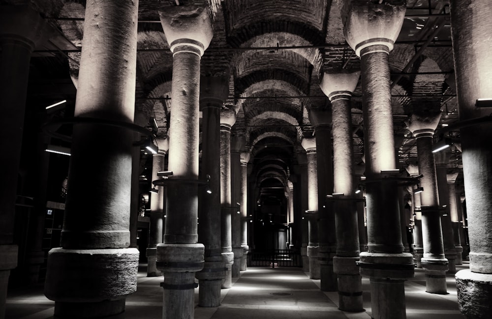 a black and white photo of columns in a building