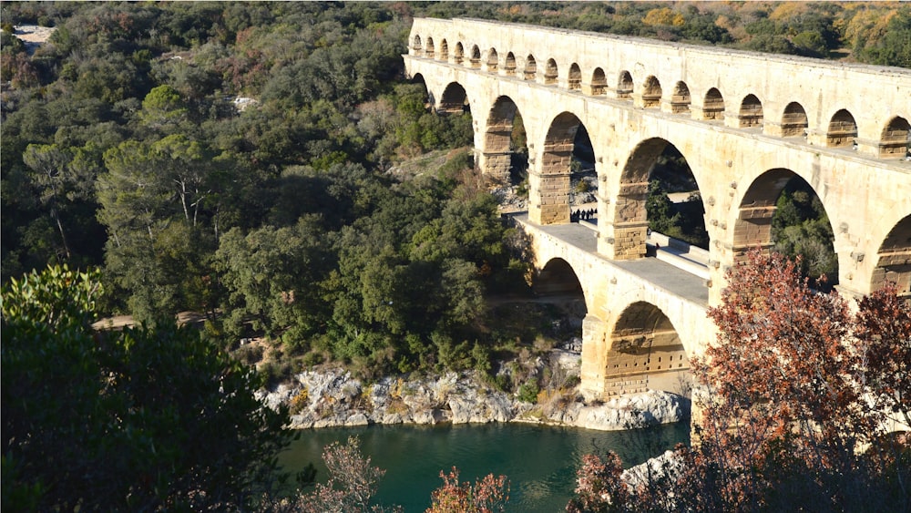 a stone bridge over a river surrounded by trees