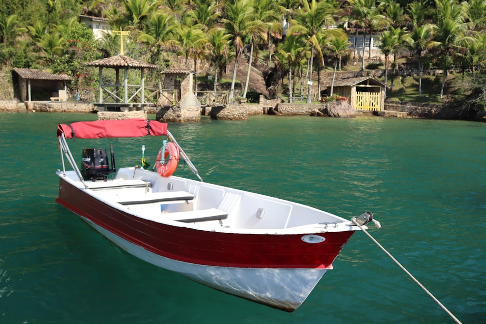 a red and white boat in a body of water