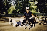 a woman sitting on a bench with three dogs