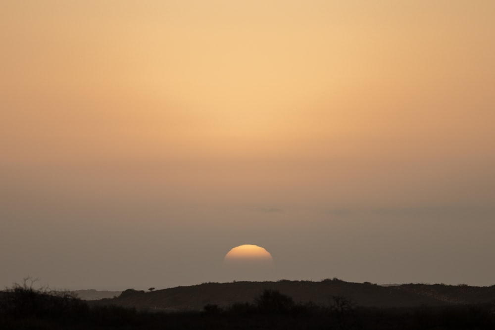 the sun is setting over the horizon of a field