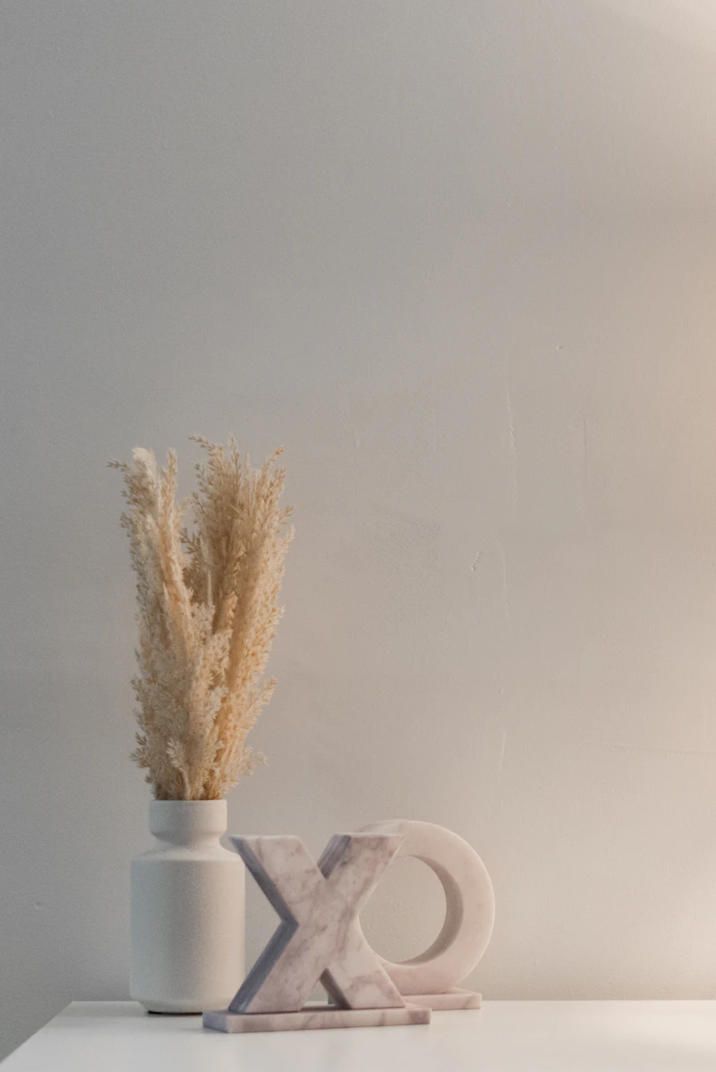 A white vase with a dried plant in it
