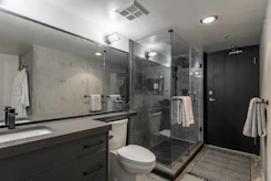 a bathroom with a shower, toilet and sink