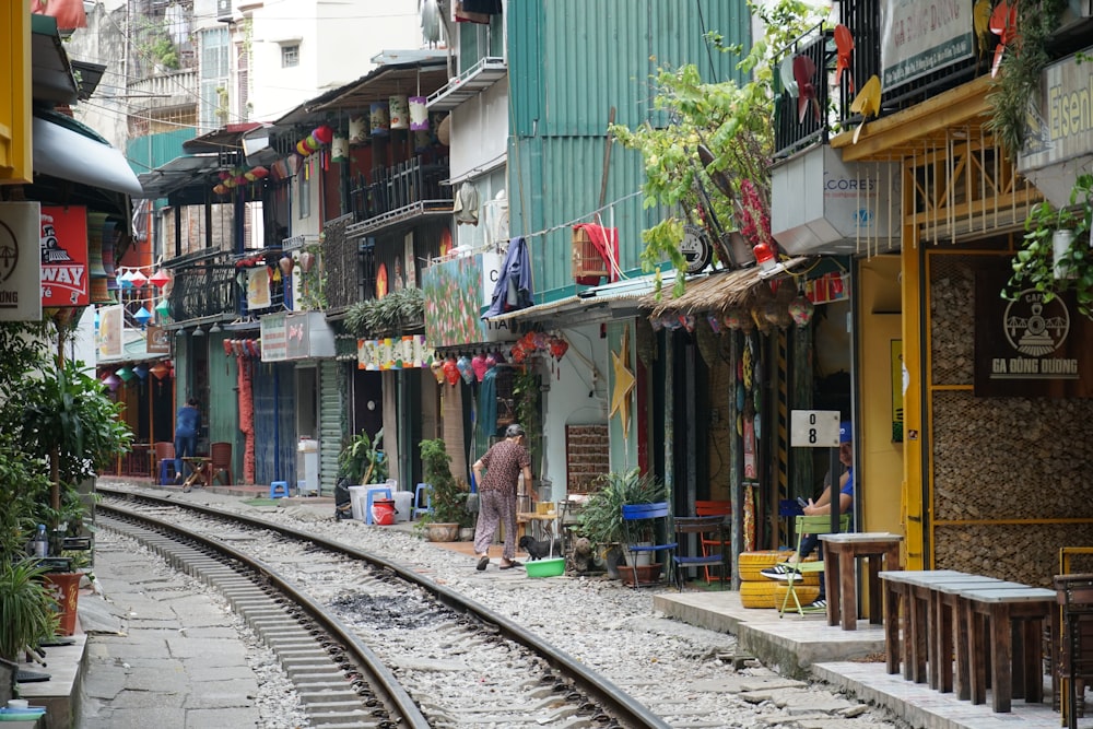 a train track running through a small town