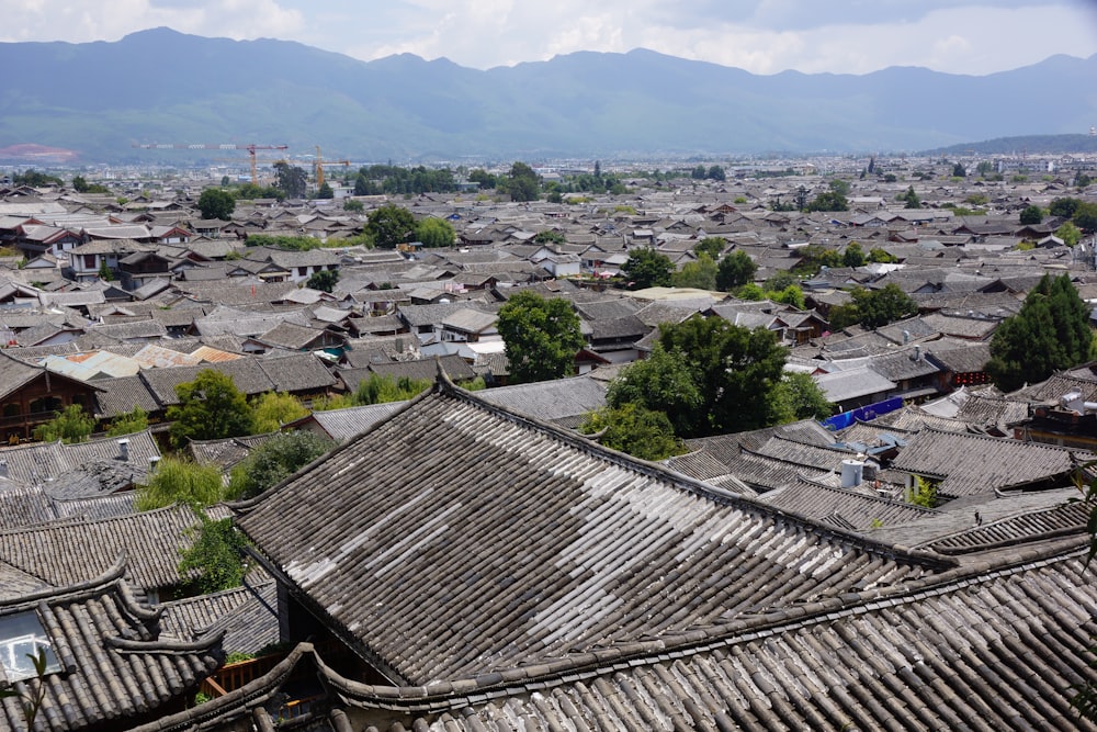 a view of a city with mountains in the background