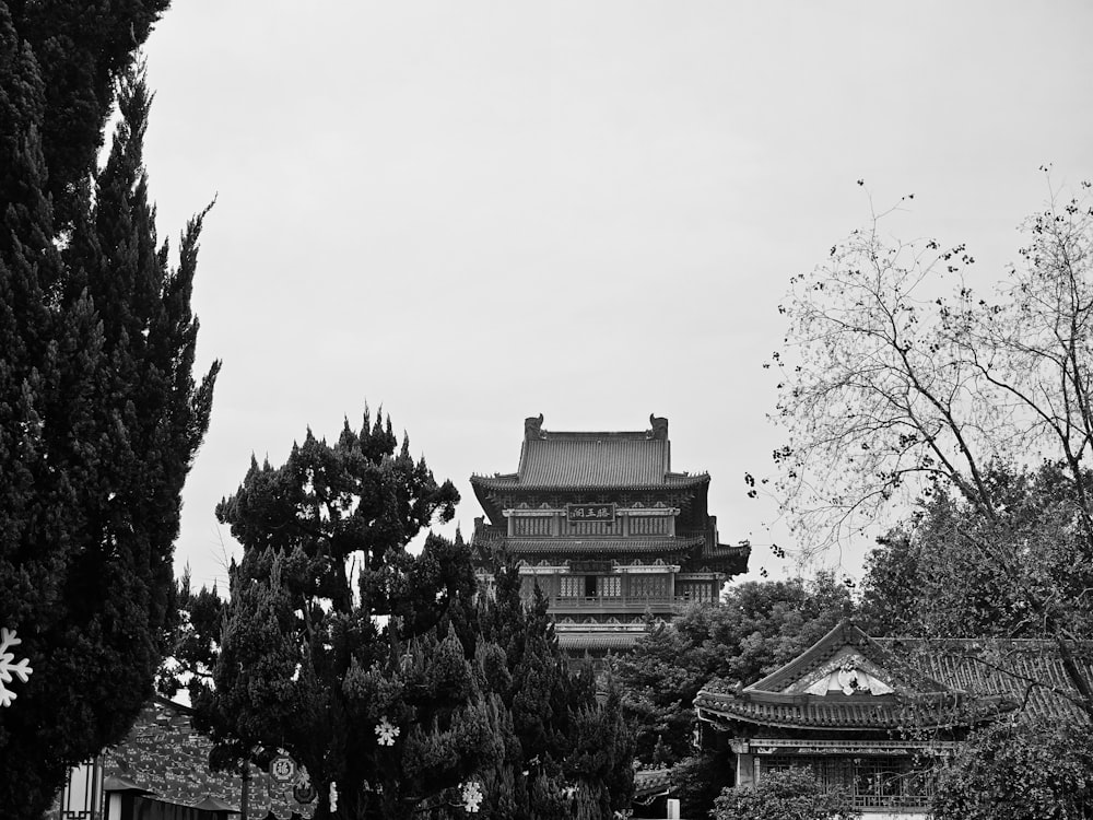 a black and white photo of a chinese building