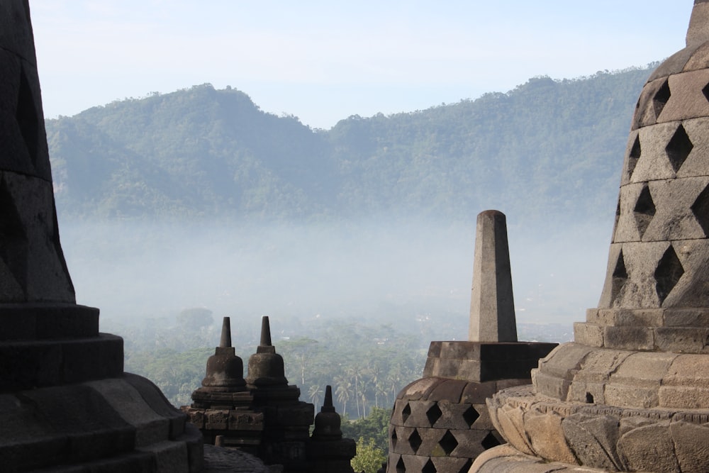 a view of a mountain range from a temple