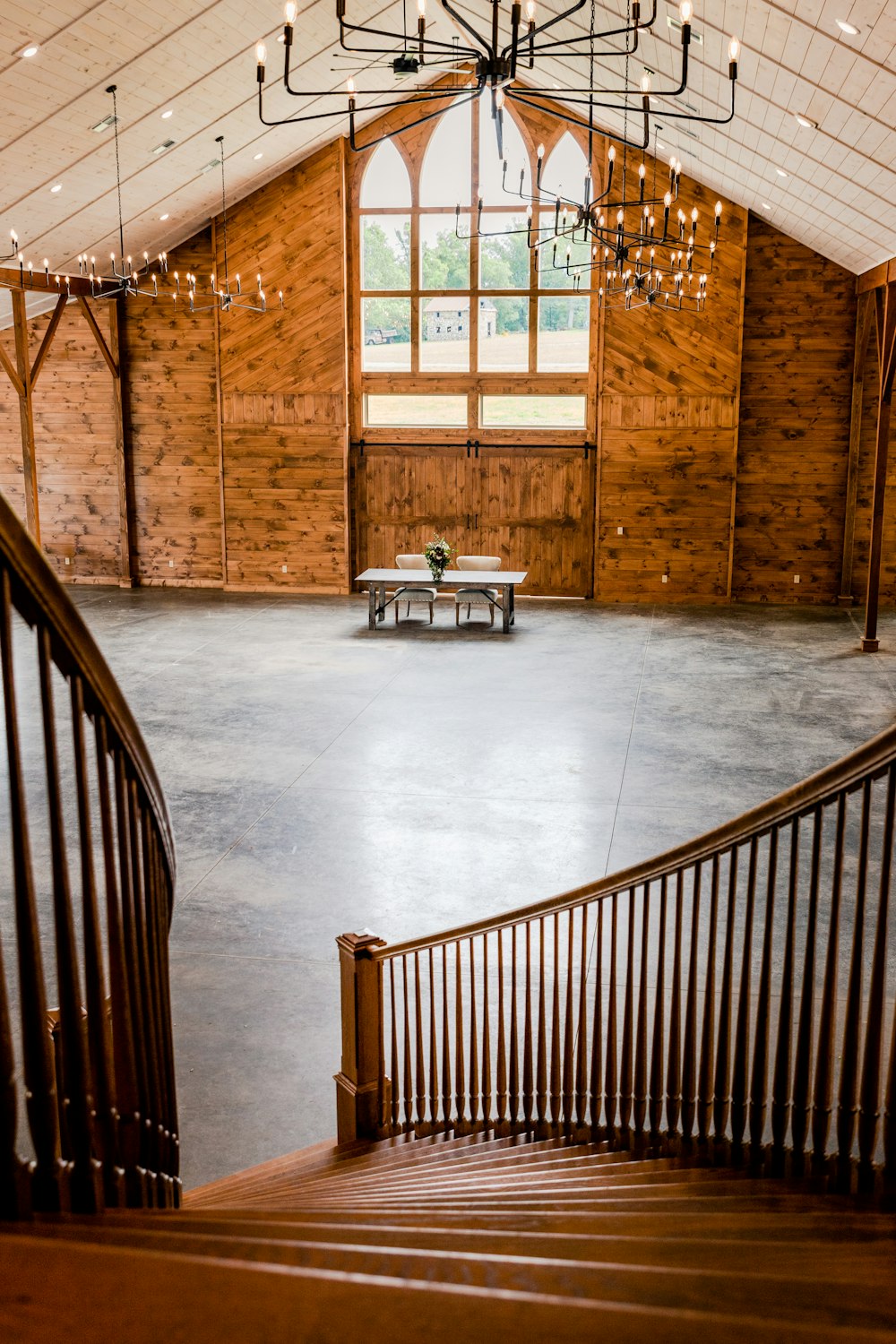 a staircase leading up to a large room
