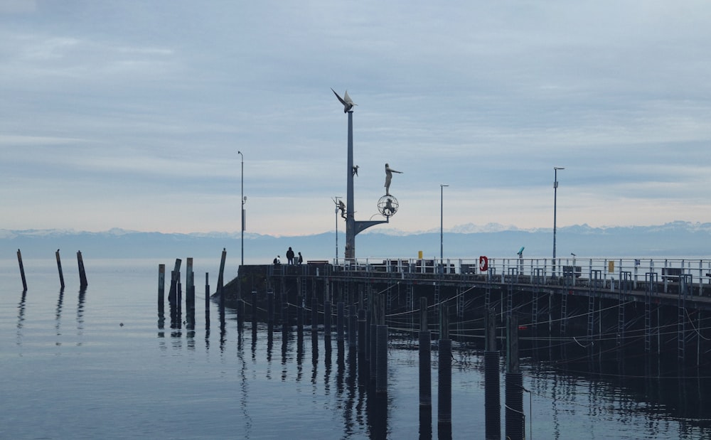 a pier with poles and a clock tower in the distance