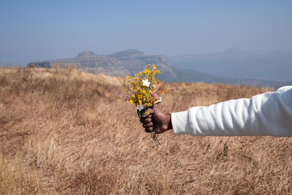 a person holding a bunch of flowers in a field