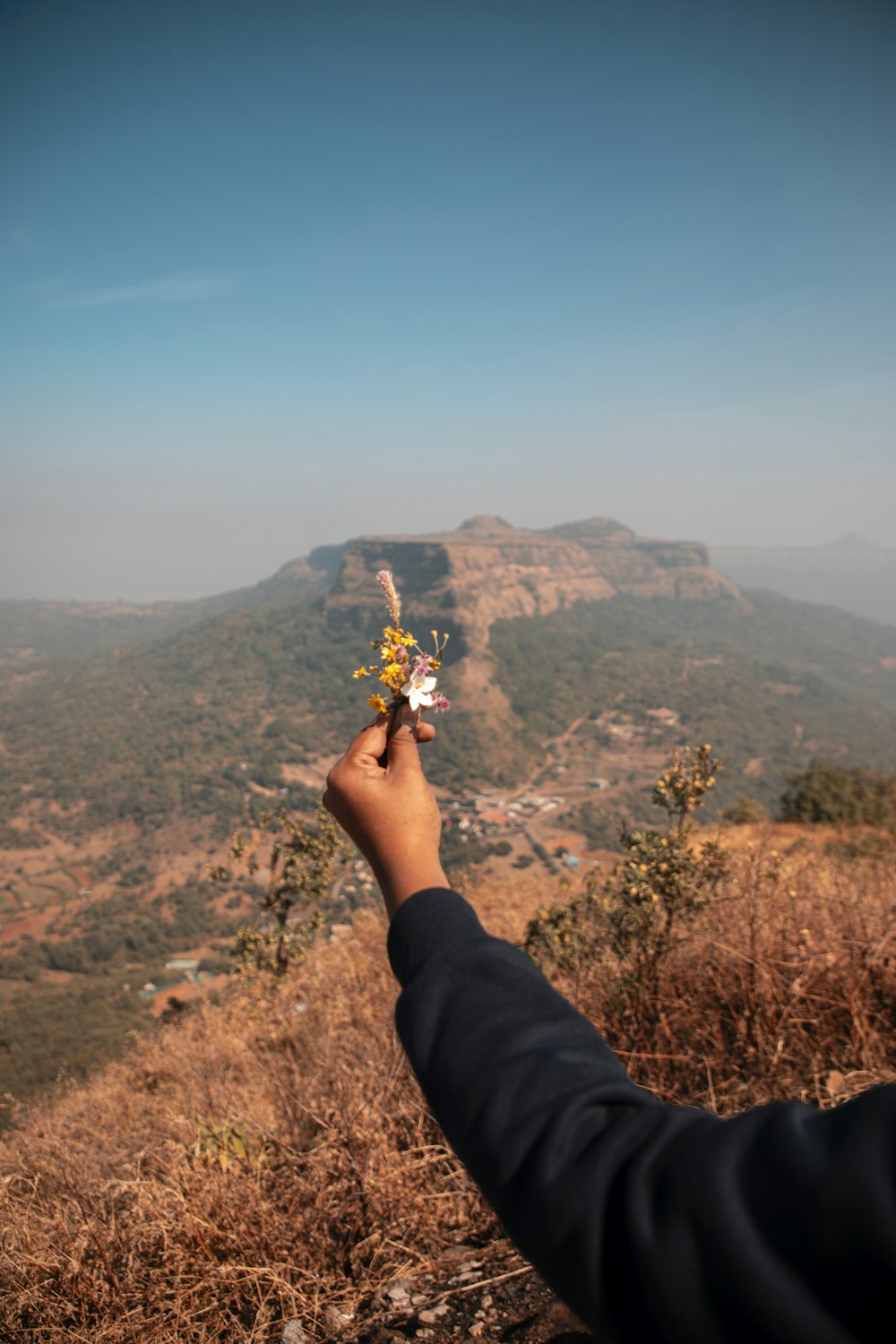 a person holding a flower up in the air