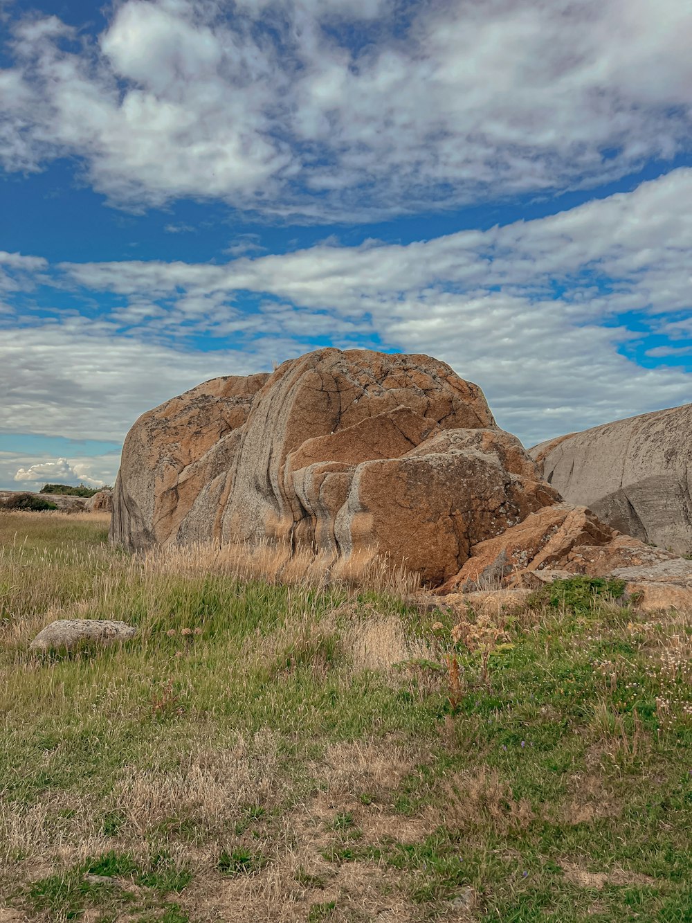 a large rock in the middle of a grassy field