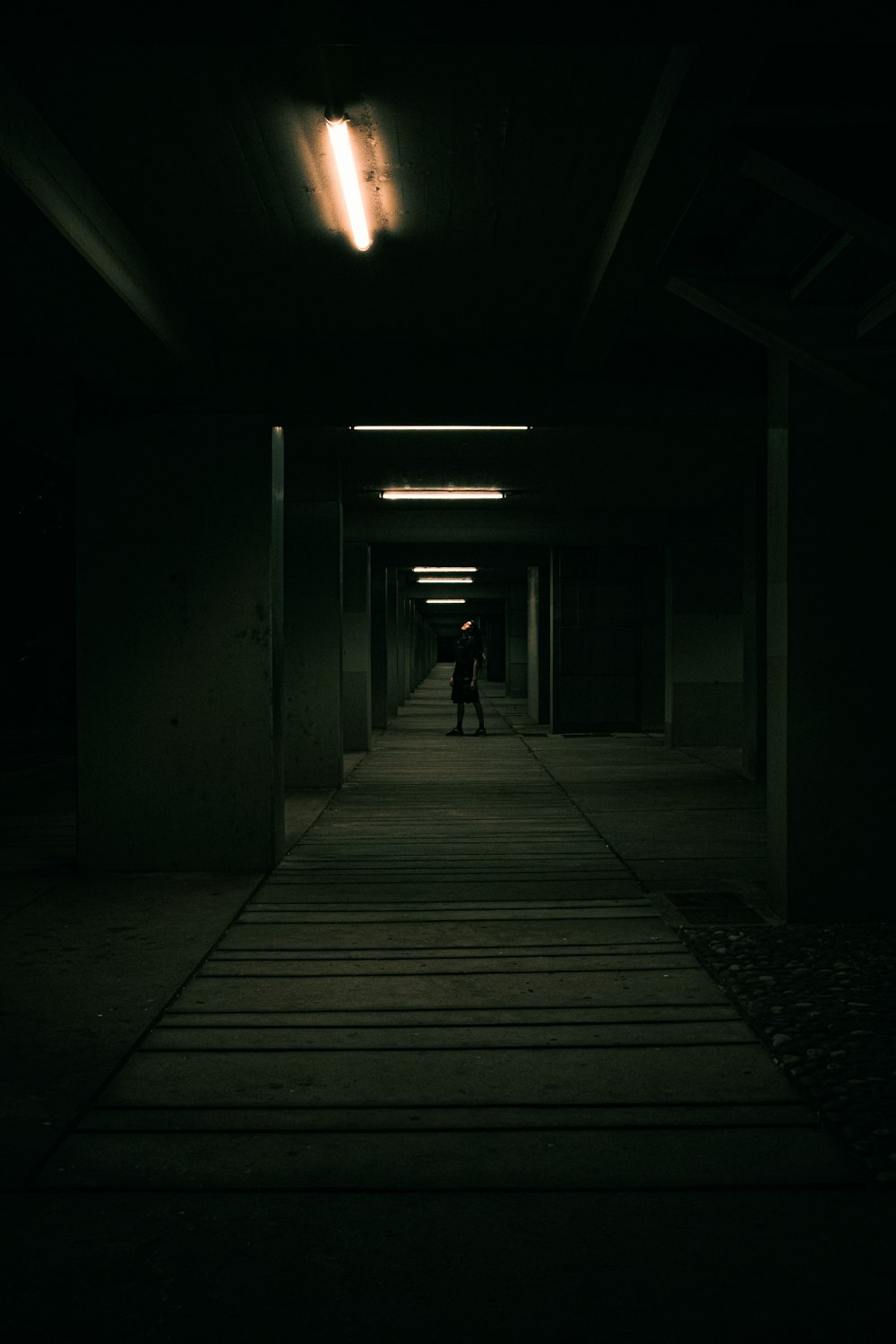 a dark hallway with a person walking down it