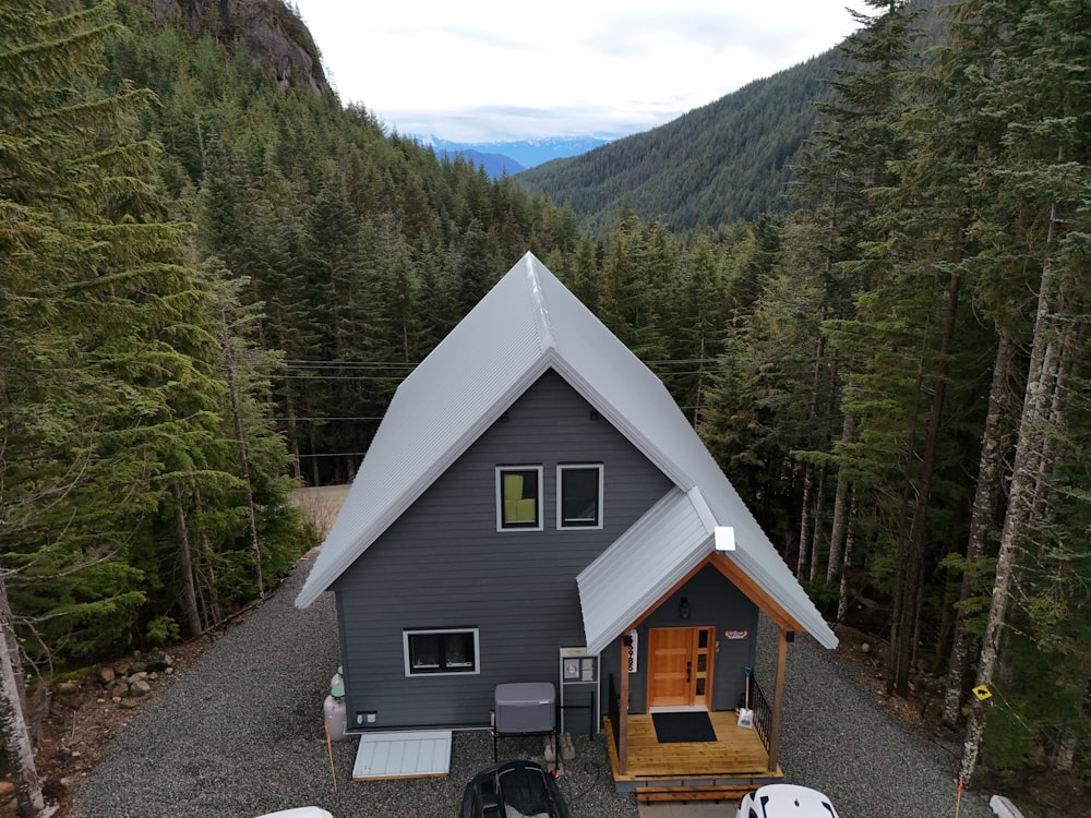 a small cabin in the middle of a forest