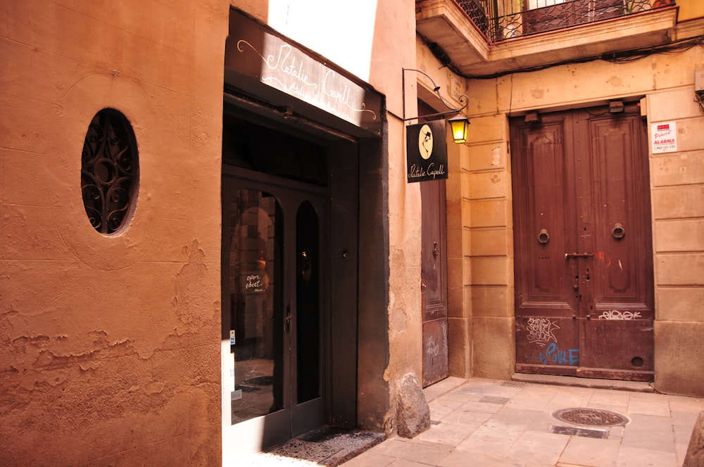 a building with a door and a sign on it