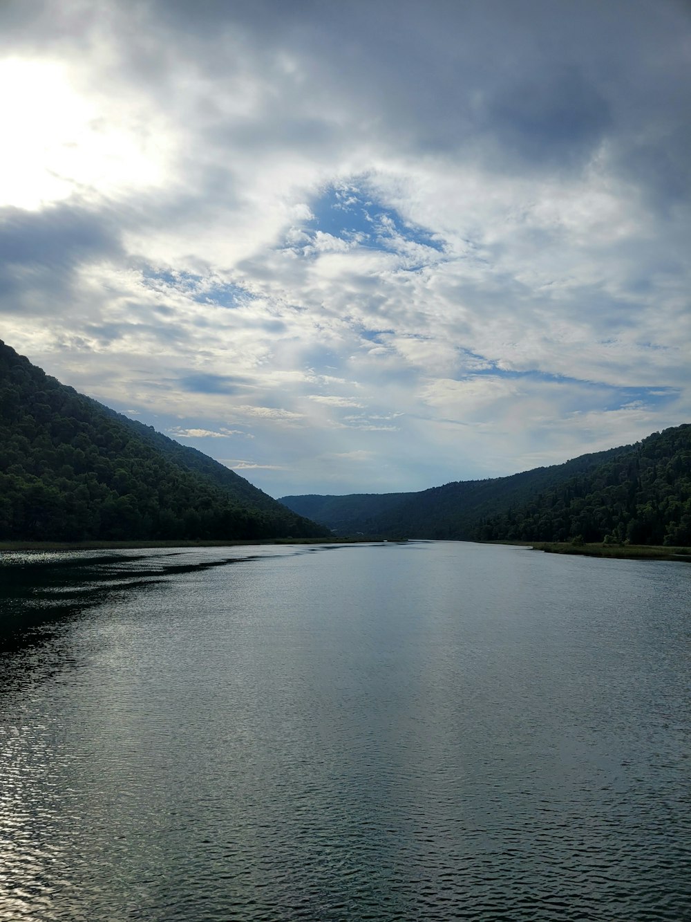 a body of water surrounded by mountains under a cloudy sky