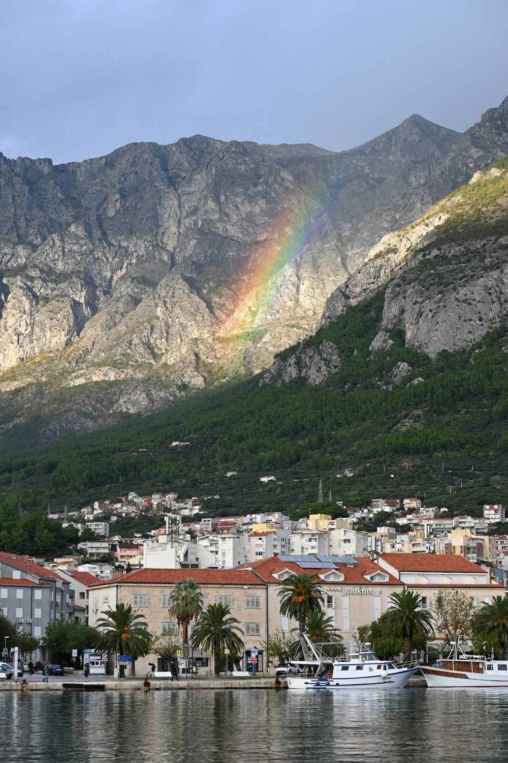 a rainbow shines in the sky over a city