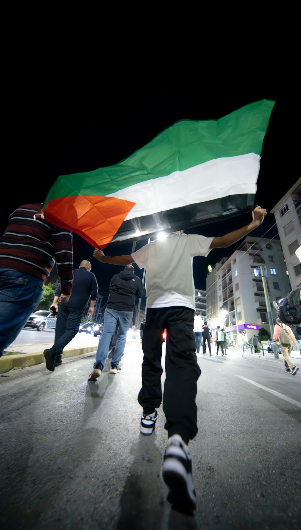 a group of people walking down a street holding a flag