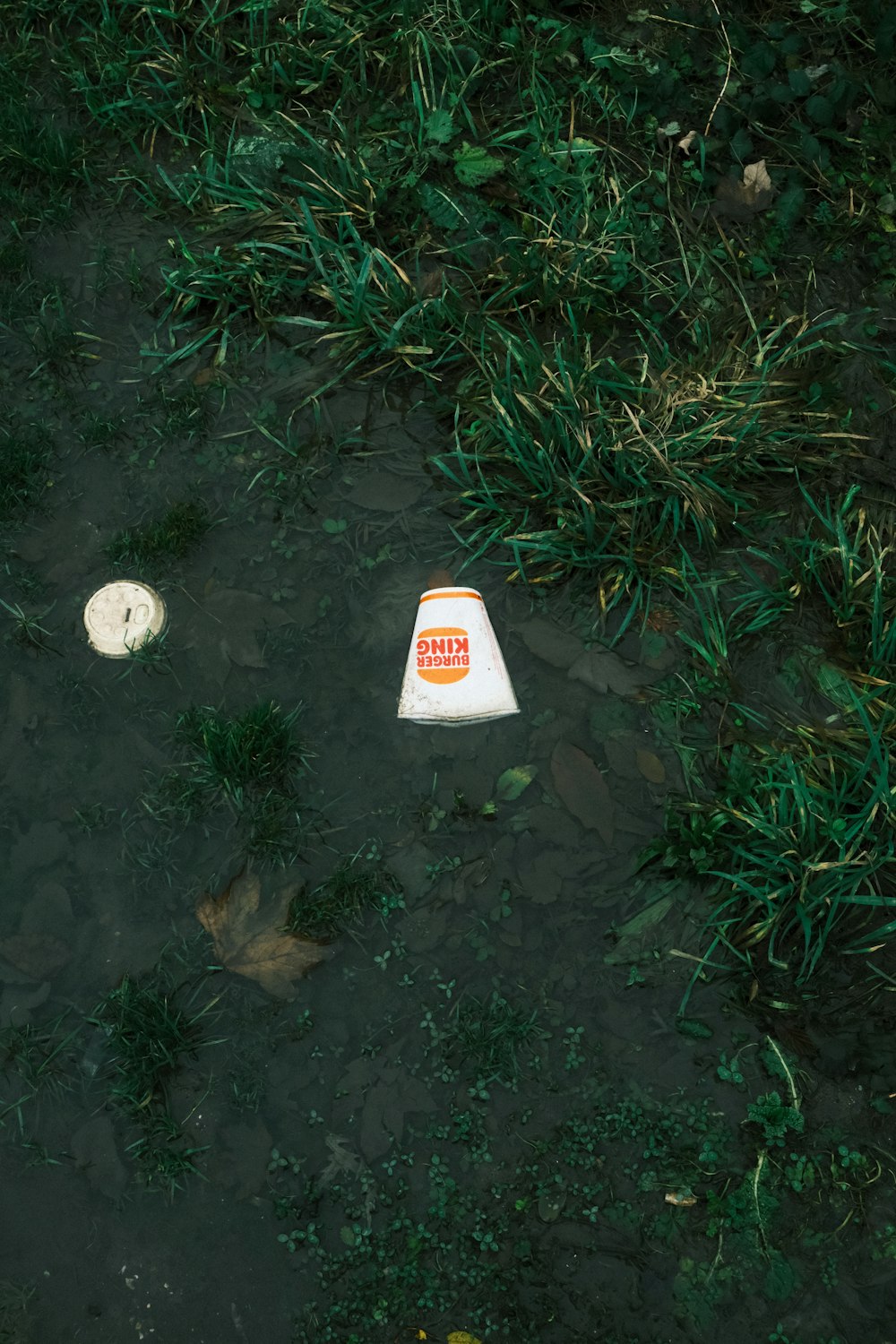 an orange and white frisbee laying on the ground