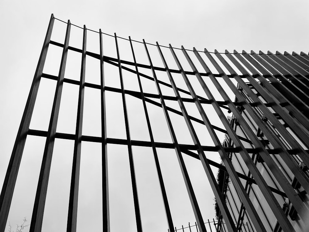 a black and white photo of a metal fence