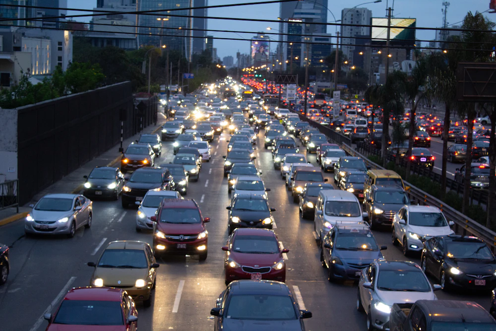 City traffic congestion with a bus and cars