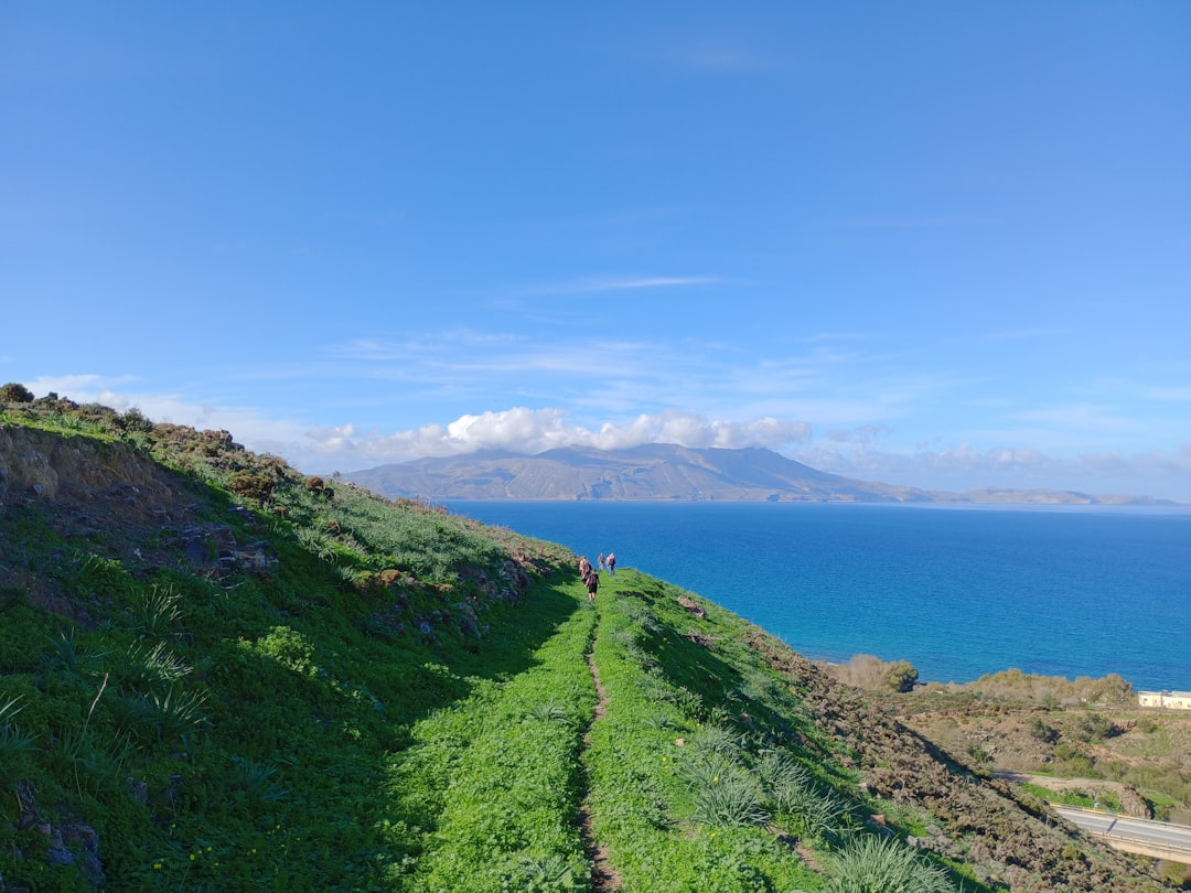 a group of people walking up a hill next to the ocean,