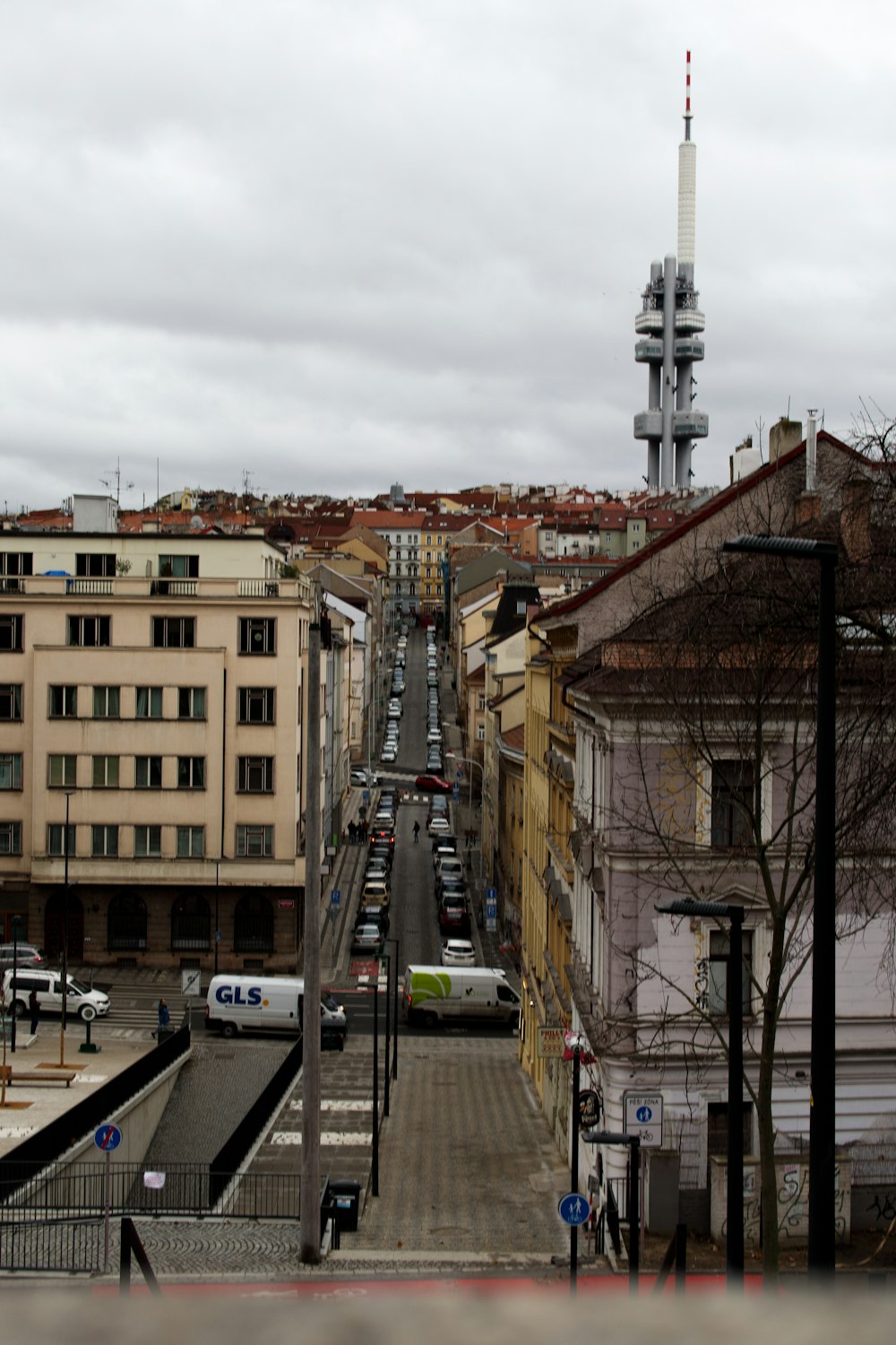 a view of a city street from a high point of view