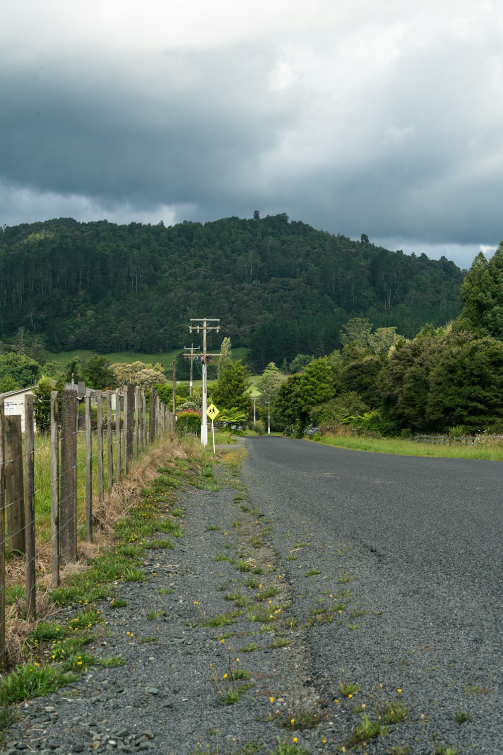 a rural road with a fence and a telephone pole