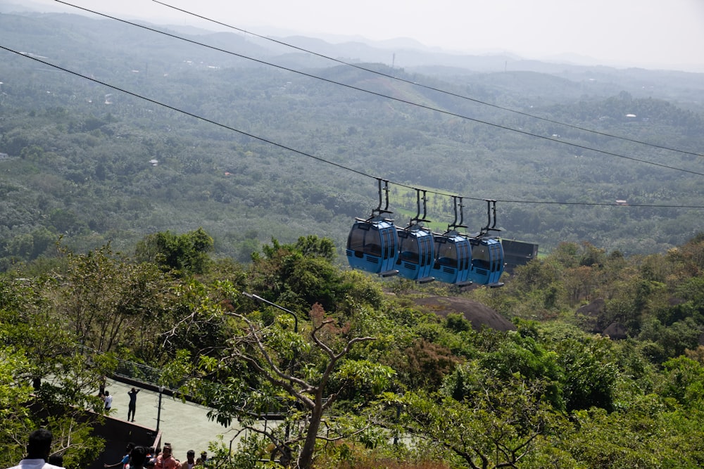 a couple of gondolas sitting on top of a lush green hillside