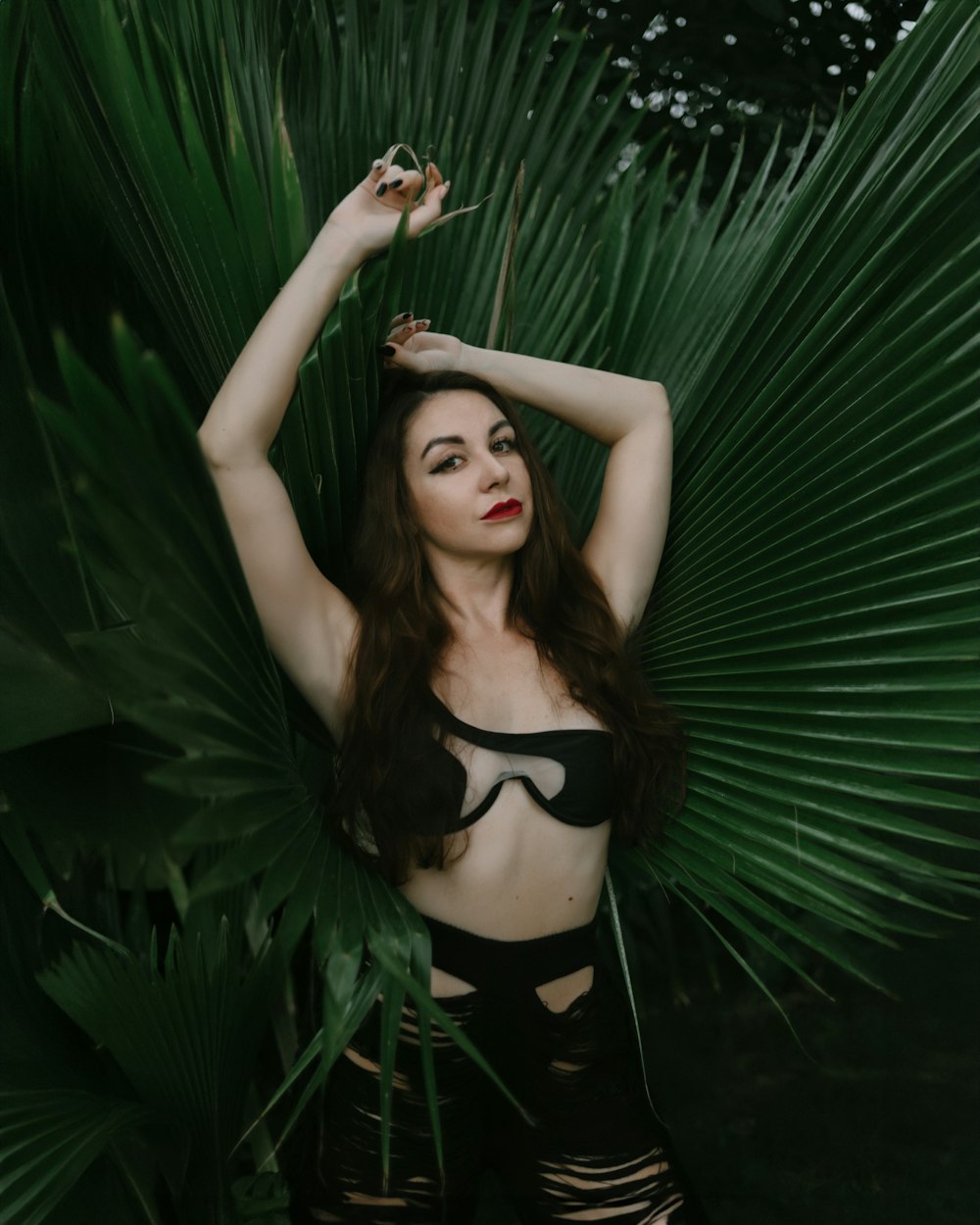 a woman in lingerie posing in front of a palm tree