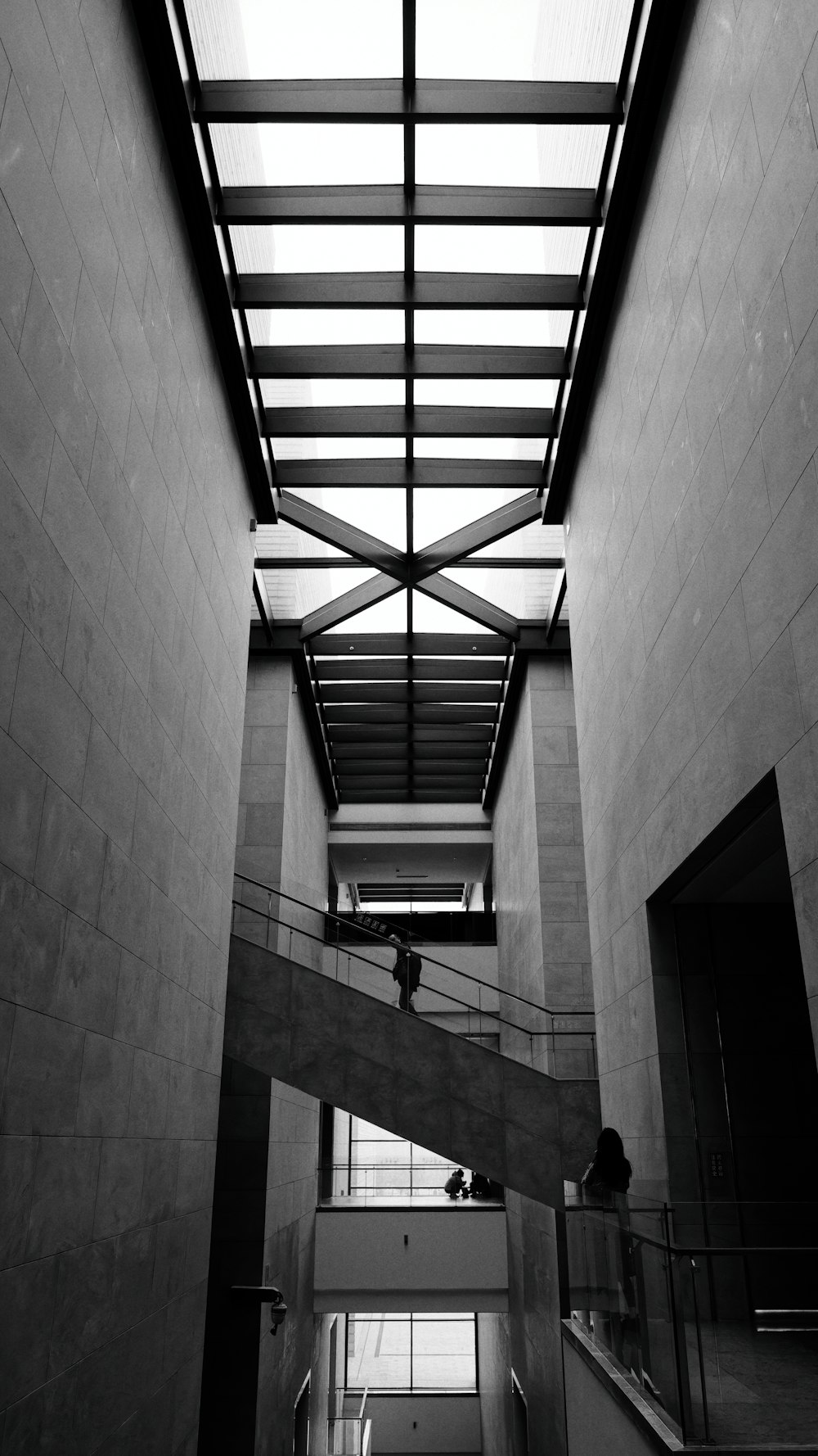 Una foto en blanco y negro de una persona subiendo un tramo de escaleras