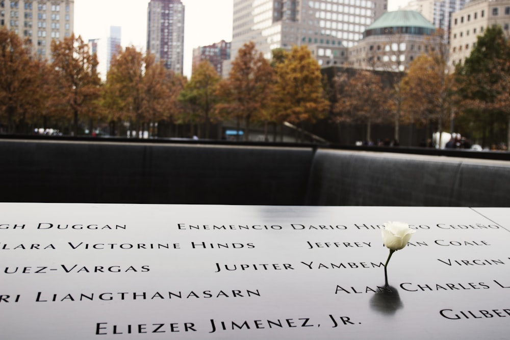 a close up of a memorial with a flower on it