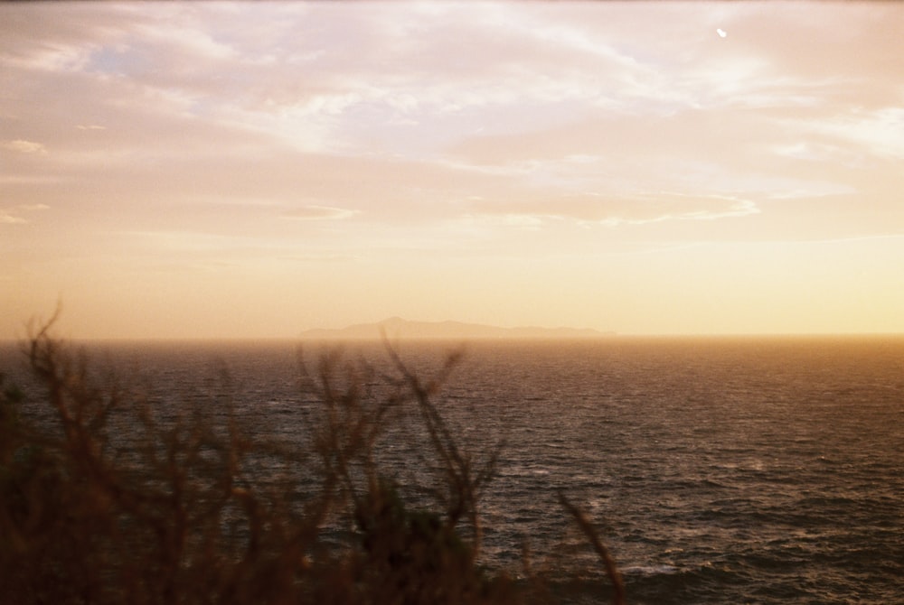 a view of a body of water at sunset