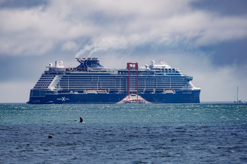 a large cruise ship is in the water