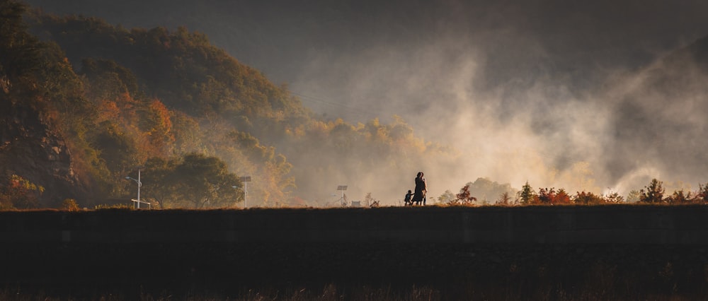 a couple of people standing on top of a lush green hillside